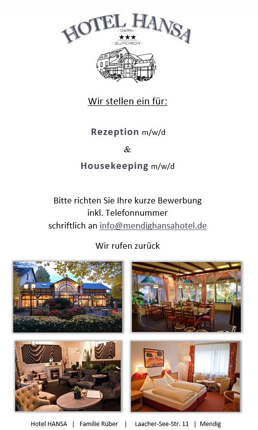 Stellenanzeige Saison 2025 - Hotel HANSA in Mendig